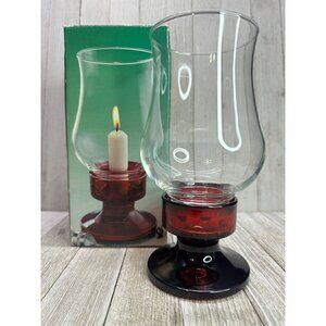 Vtg Luminarc Hurricane Candle Holder Clear Glass Chimney Ruby Red Base Box Set 2